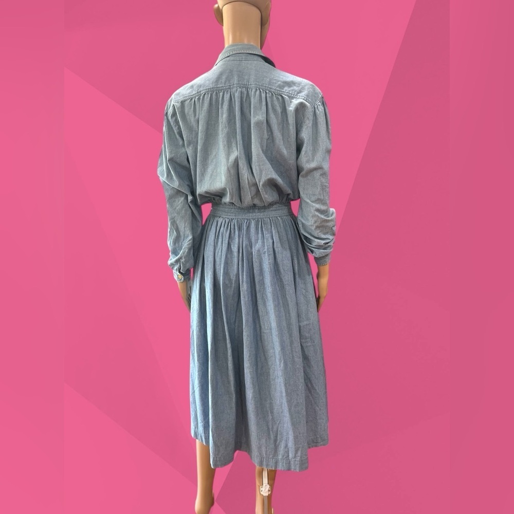 Denim chambray desert prairie western Midi Dress with pockets-8 - Picture 3 of 10